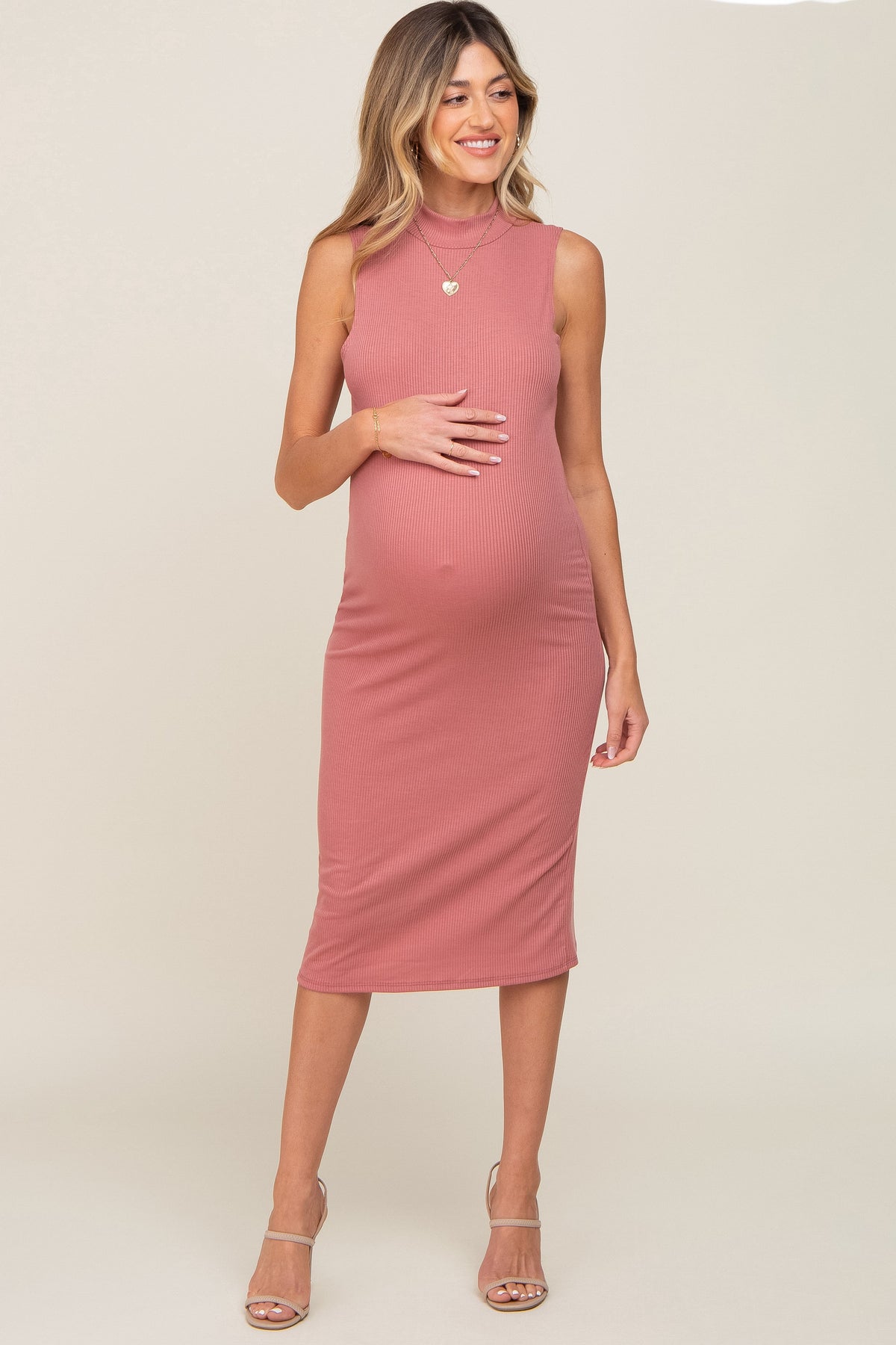 Mauve Ribbed Sleeveless Mock Neck Maternity Midi Dress