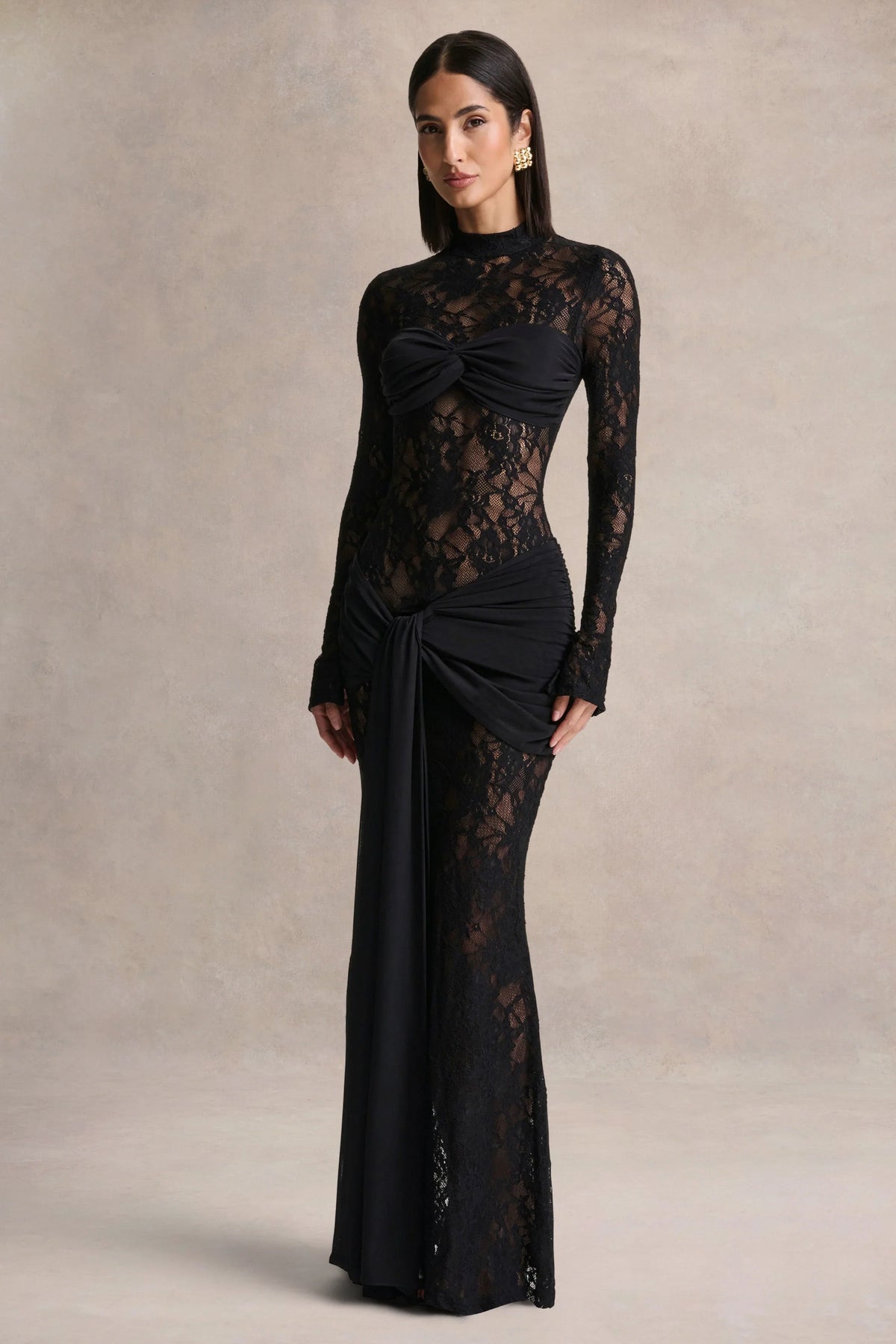 Akira Black Lace Maxi Dress With Sash Detail