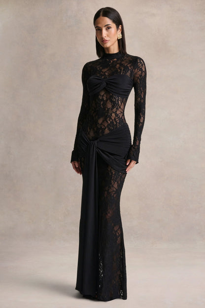 Akira Black Lace Maxi Dress With Sash Detail