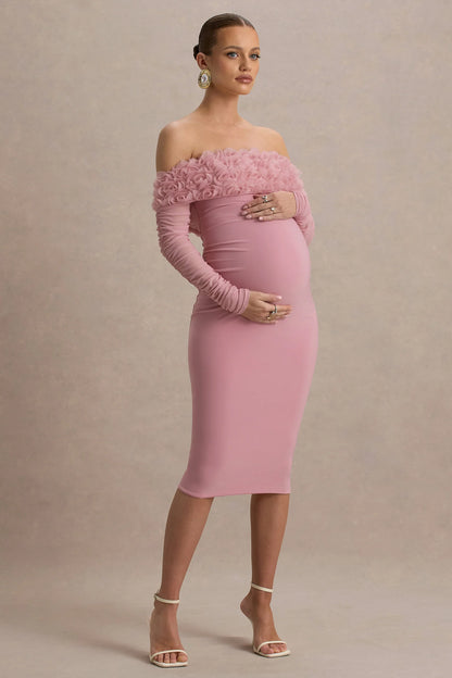 Adita Blush Pink Mesh Floral Bardot Maternity Midi Dress