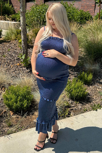 Blue Satin Smocked Fitted Maternity Maxi Dress