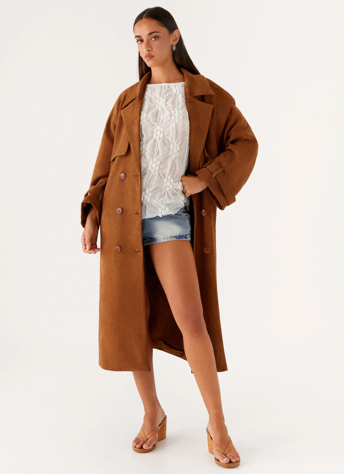 Bridie Faux Suede Trench Coat Brown