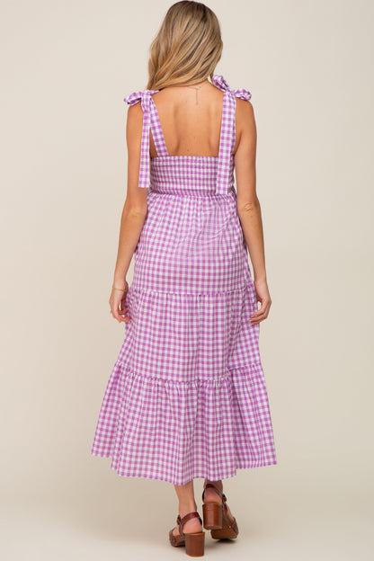 Lavender Checkered Sleeveless Tiered Maternity Maxi Dress
