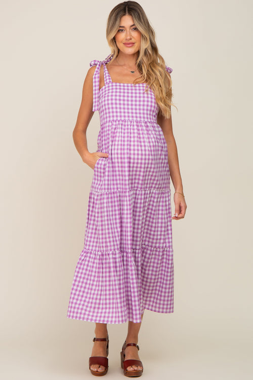 Lavender Checkered Sleeveless Tiered Maternity Maxi Dress