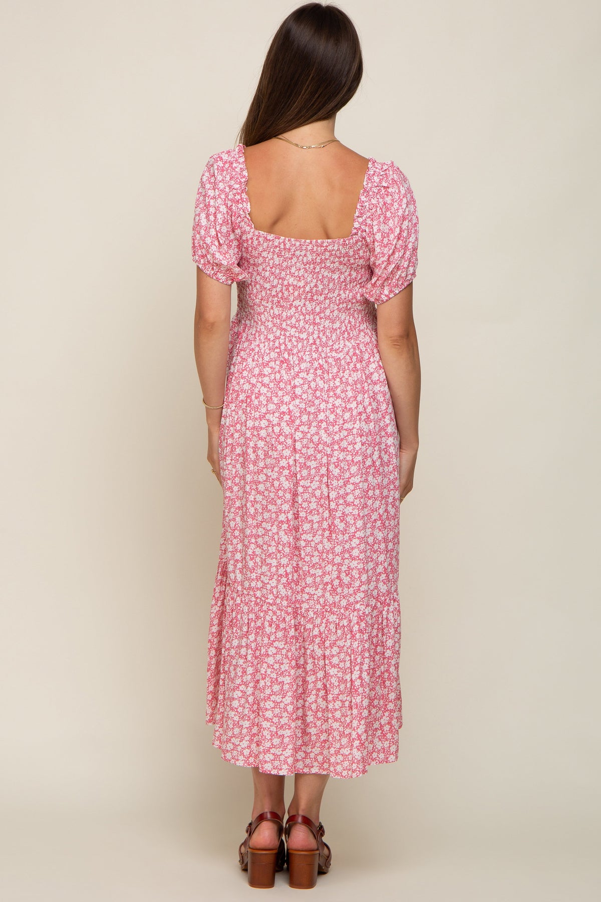 Pink Floral Smocked Short Sleeve Maternity Midi Dress