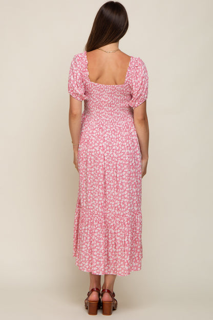 Pink Floral Smocked Short Sleeve Maternity Midi Dress