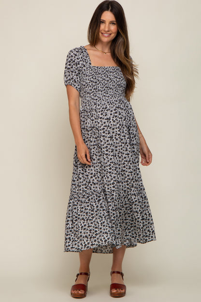 Black Floral Smocked Short Sleeve Maternity Midi Dress