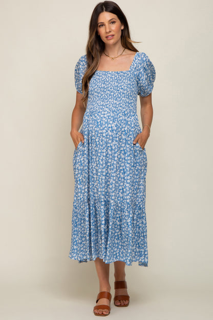 Blue Floral Smocked Short Sleeve Maternity Midi Dress