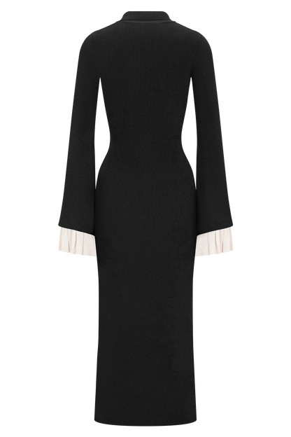 Amirose Ruffle Knit Midi Dress Black