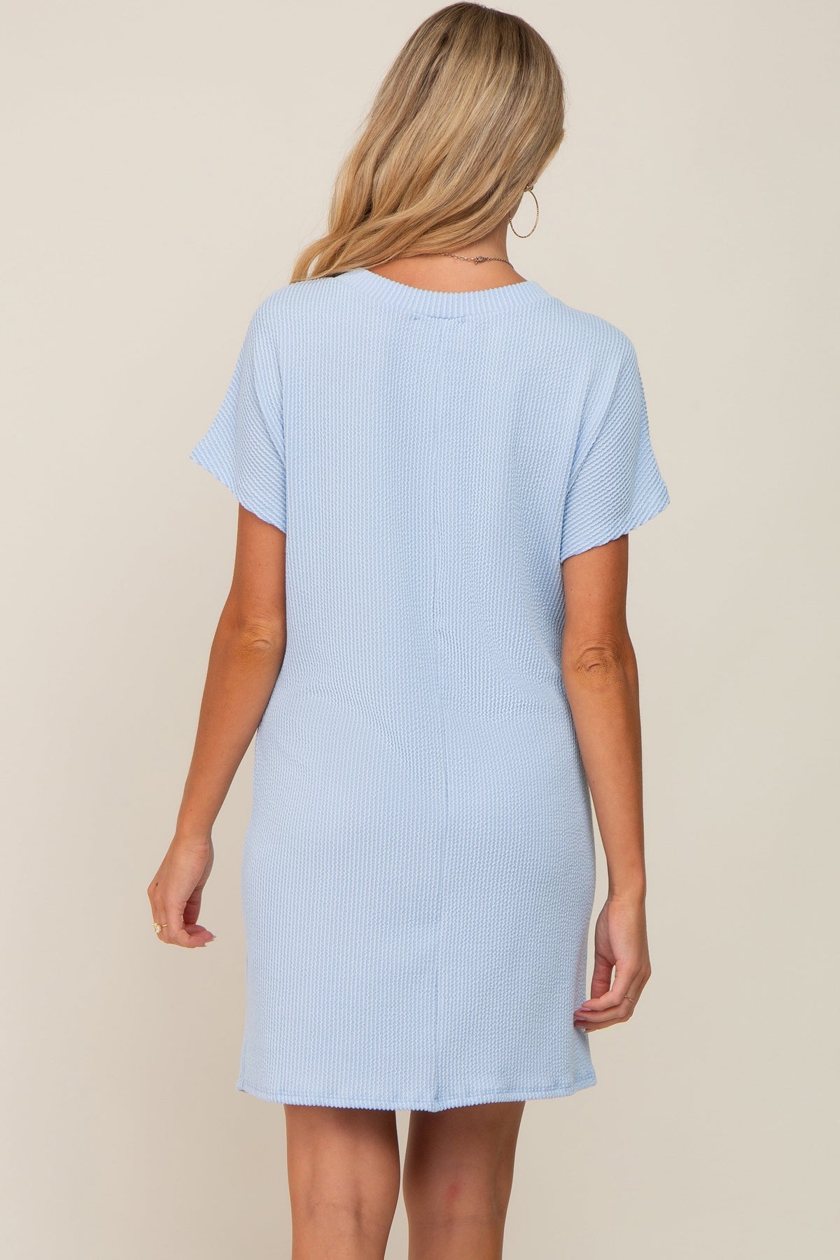 Light Blue Ribbed Front Pocket Dolman Short Sleeve Maternity Dress