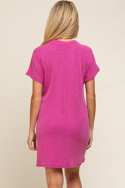 Magenta Ribbed Front Pocket Dolman Short Sleeve Maternity Dress