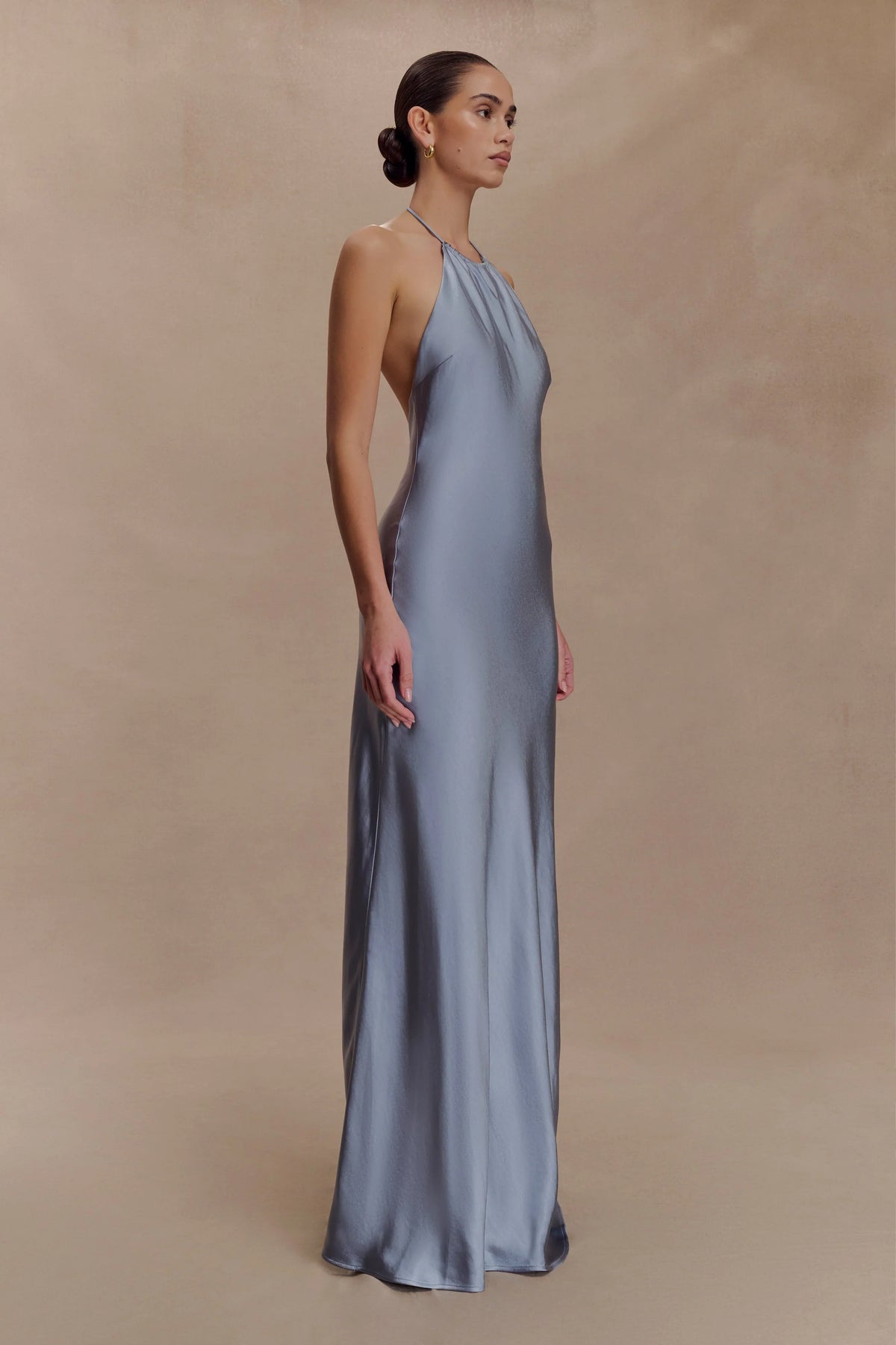 Bella Satin Halter Maxi Dress Frosted Blue