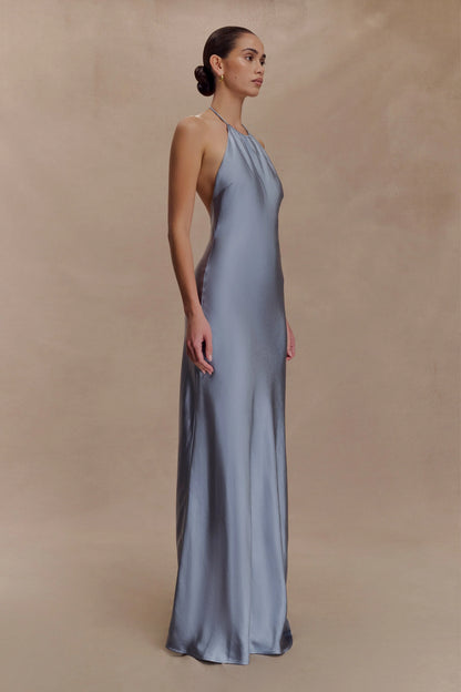 Bella Satin Halter Maxi Dress Frosted Blue