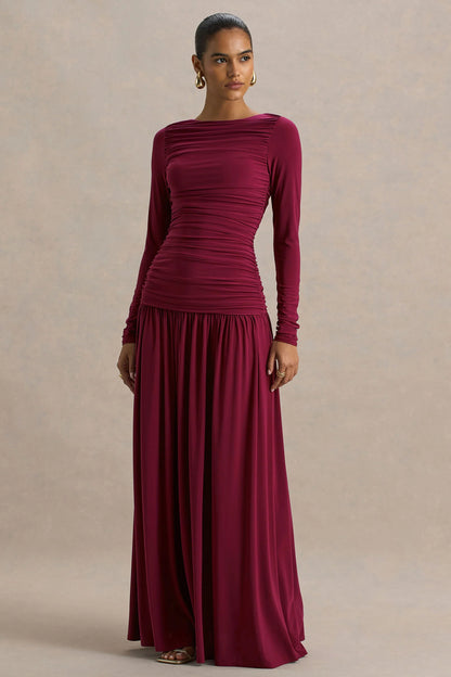 Aniyah Burgundy Slashed Neck Maxi Dress With Ruched Detailing