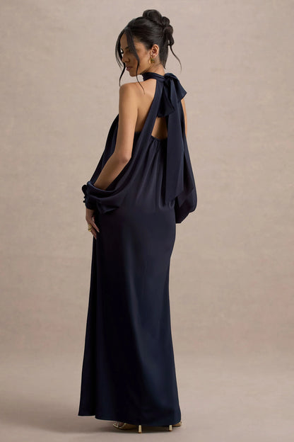 Baila Navy Satin High Neck Cape Sleeve Maxi Dress