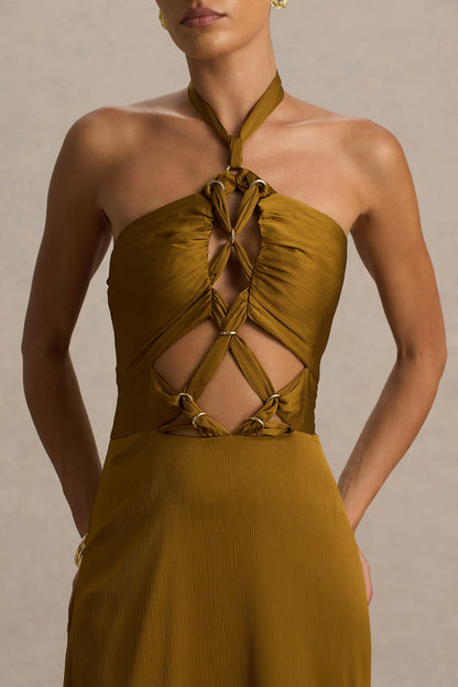Aleera Olive Chiffon Halter Neck Maxi Dress With Cut Out Detail