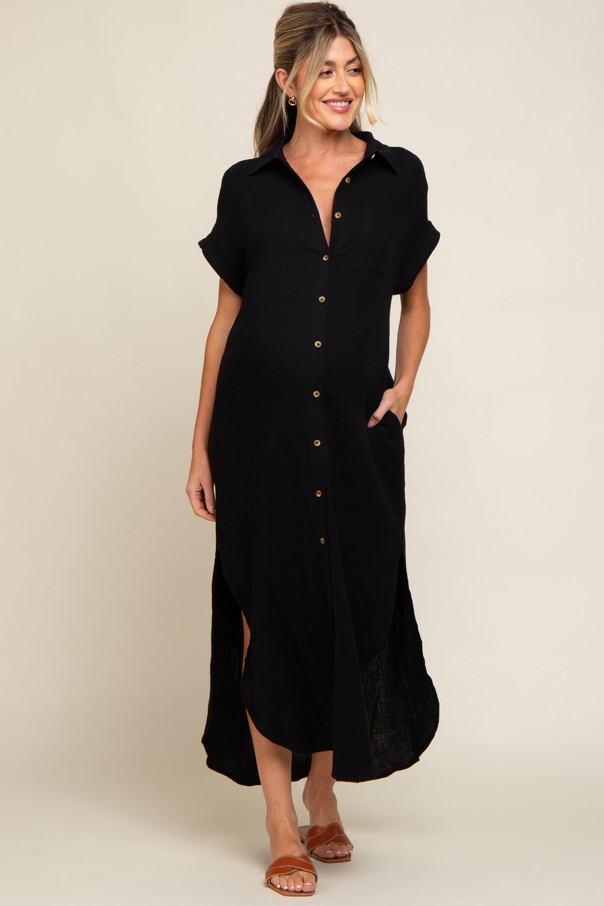 Black Button Down Maternity Midi Dress