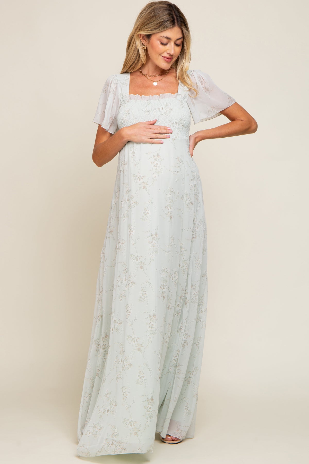 Mint Green Floral Smocked Chiffon Maternity Maxi Dress