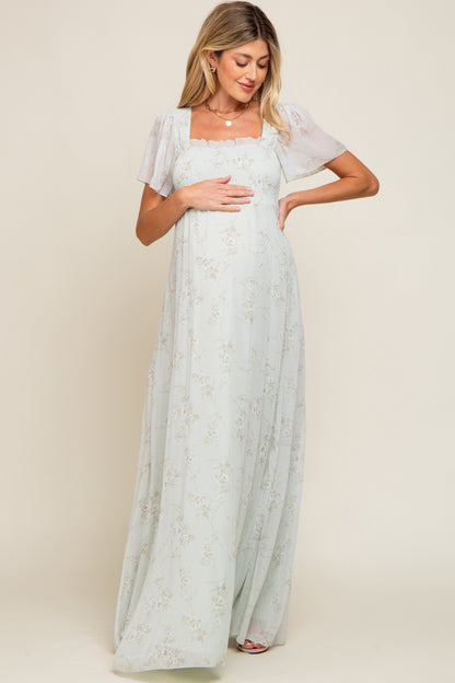 Mint Green Floral Smocked Chiffon Maternity Maxi Dress