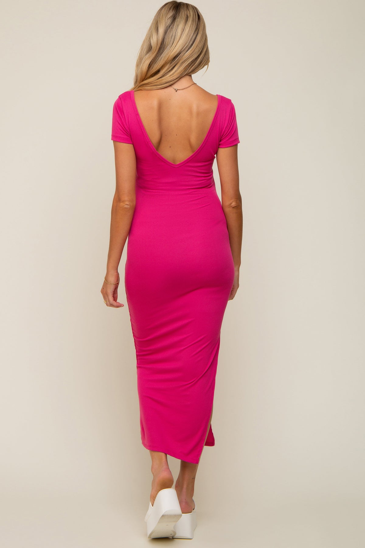 Fuchsia Basic Ribbed Side Slit Maternity Midi Dress