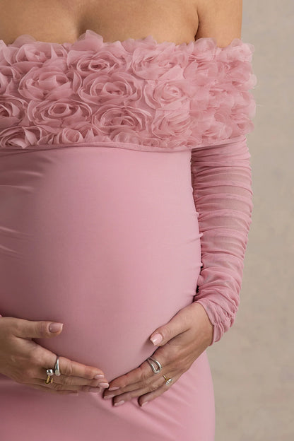 Adita Blush Pink Mesh Floral Bardot Maternity Midi Dress