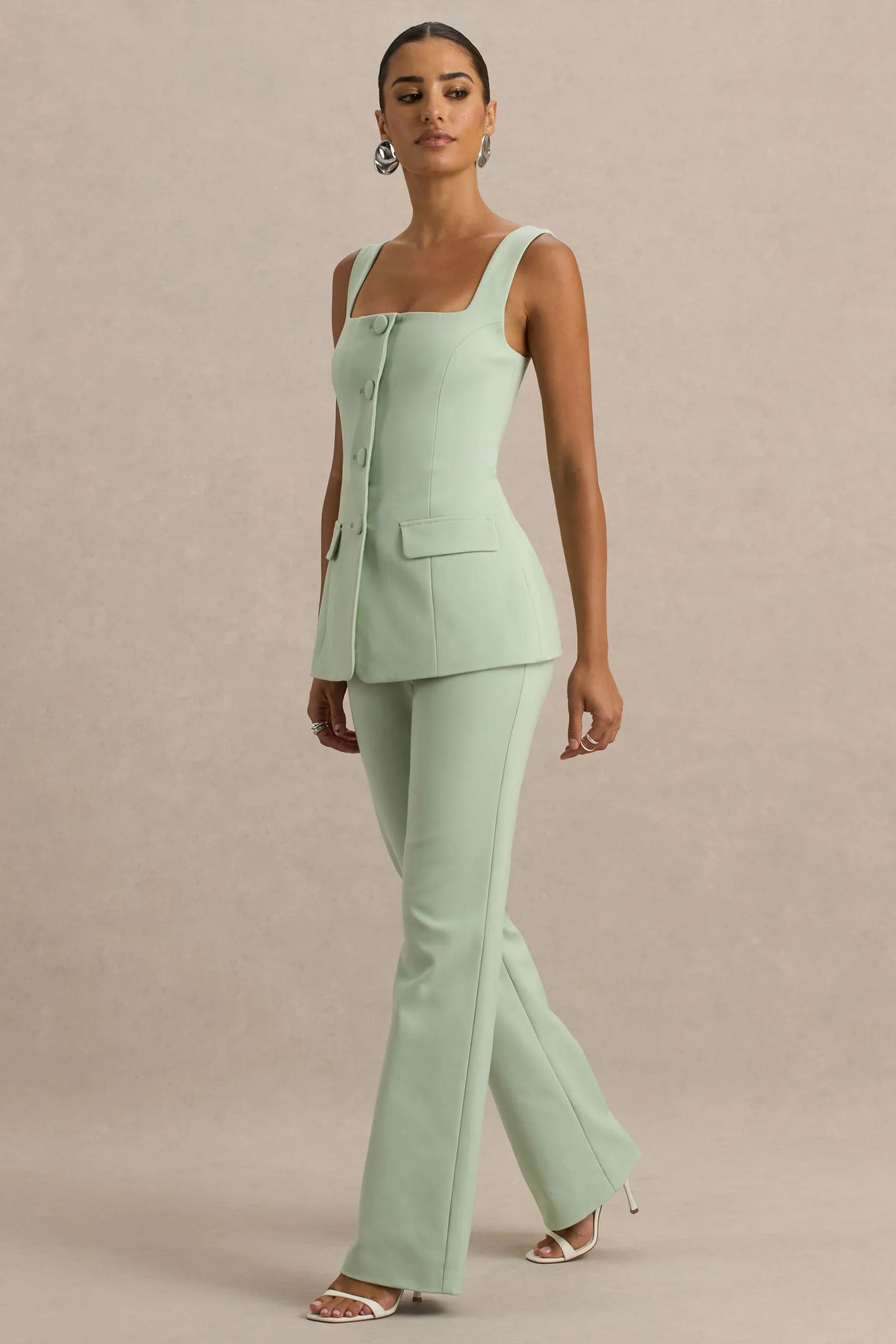 Aceline Light Green Square Neck Tailored Jumpsuit