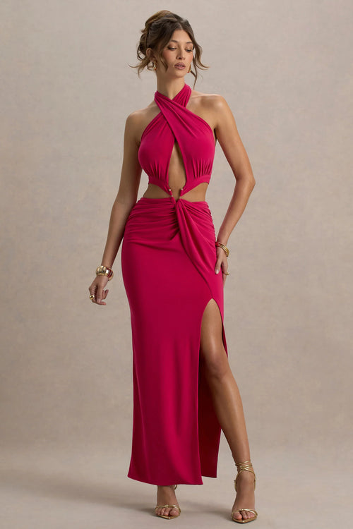 Aura Hot Pink Halter Neck Cut Out Split Maxi Dress