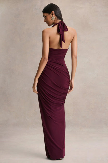 Cairo Burgundy Cowl Neck Maxi Dress With Gathered Detailing