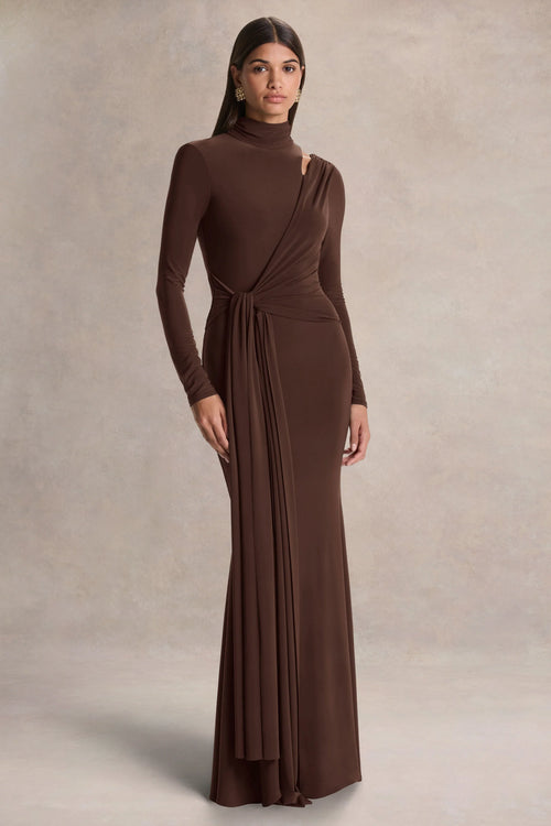 Alastrina Brown High Neck Maxi Dress With Gathered Detailing