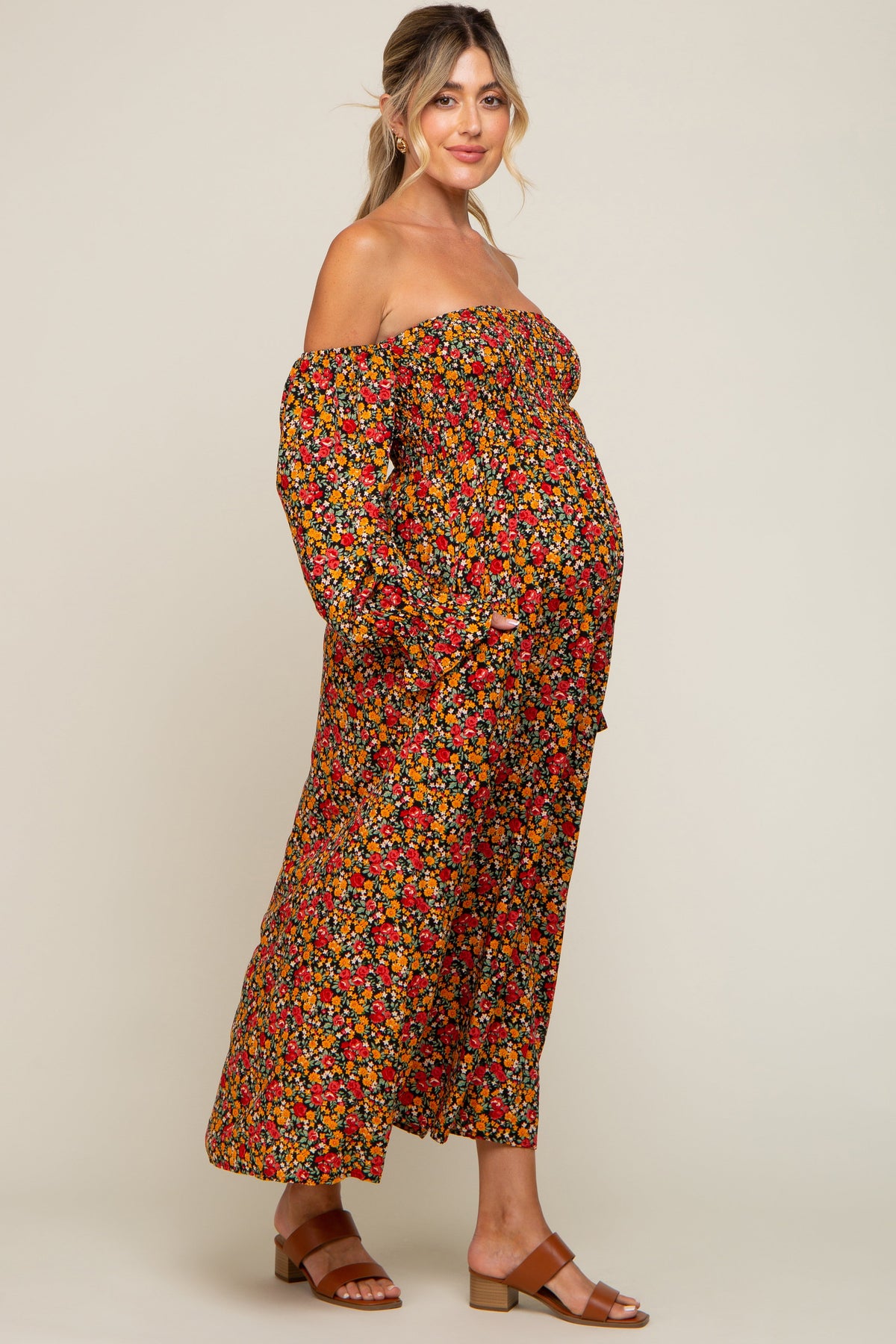 Red Floral Long Sleeve Maternity Maxi Dress