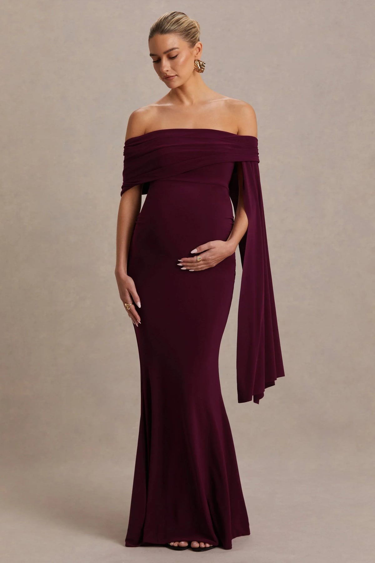 Aquila Burgundy Bardot Maternity Maxi Dress With Draped Detail