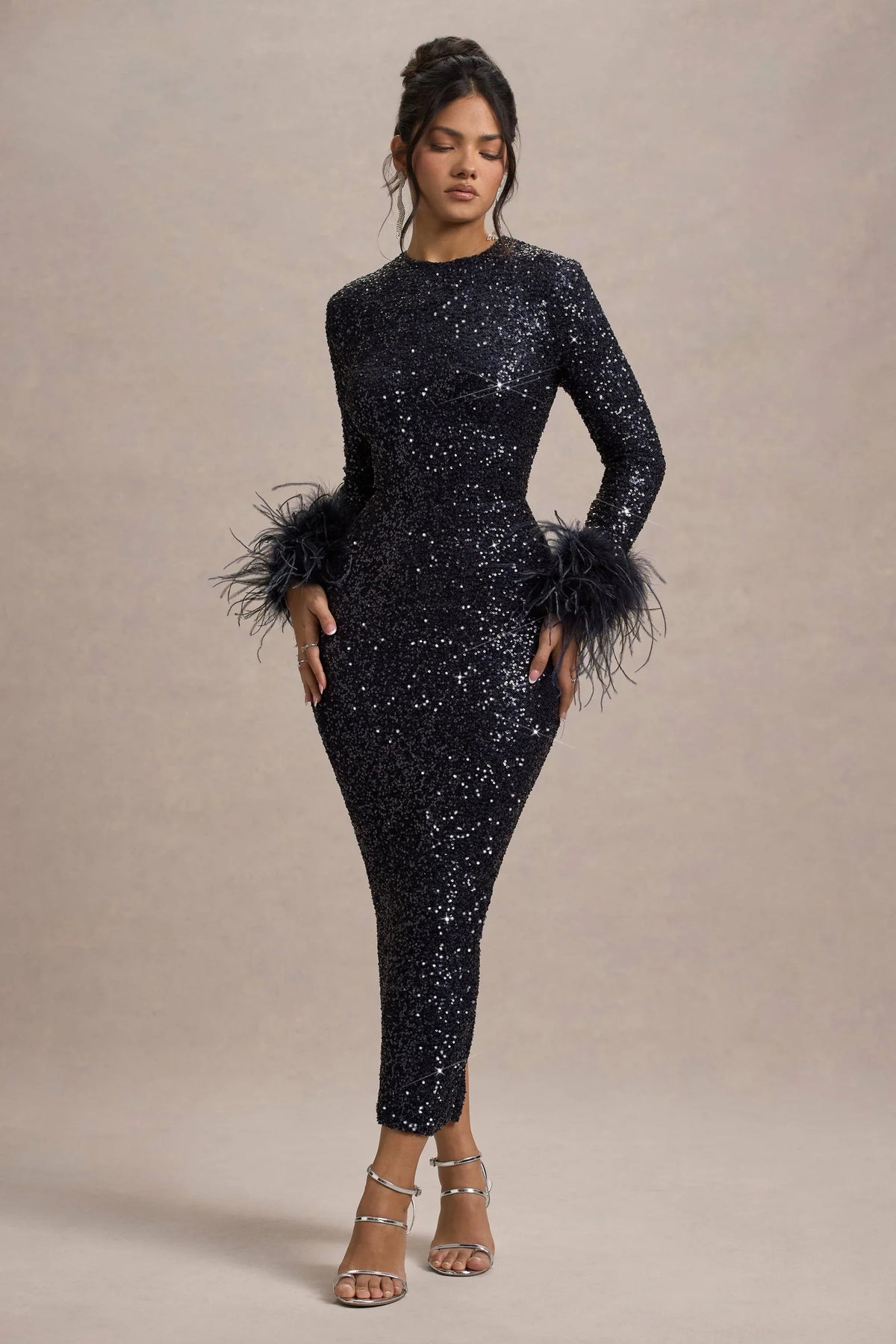 Analina Navy Sequin Long Sleeved Midi Dress With Feather Cuffs
