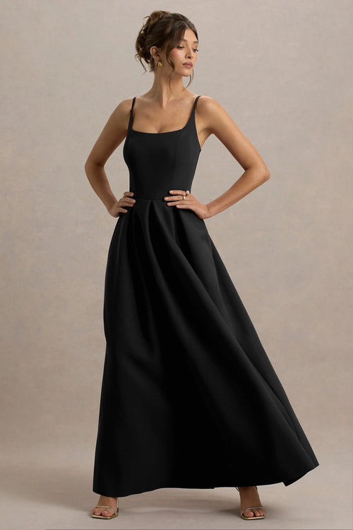 Bambina Black Scoop Neck Pleated Maxi Dress