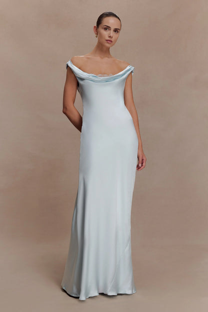 Ashley Cowl Neck Lace And Satin Maxi Dress Ice Blue