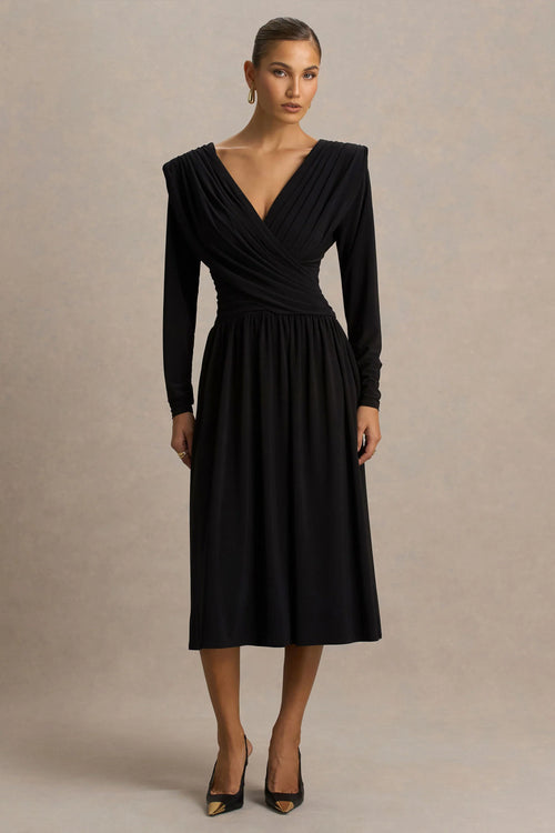 Alexis Black Plunge Neck Midi Dress With Draped And Ruched Detailing