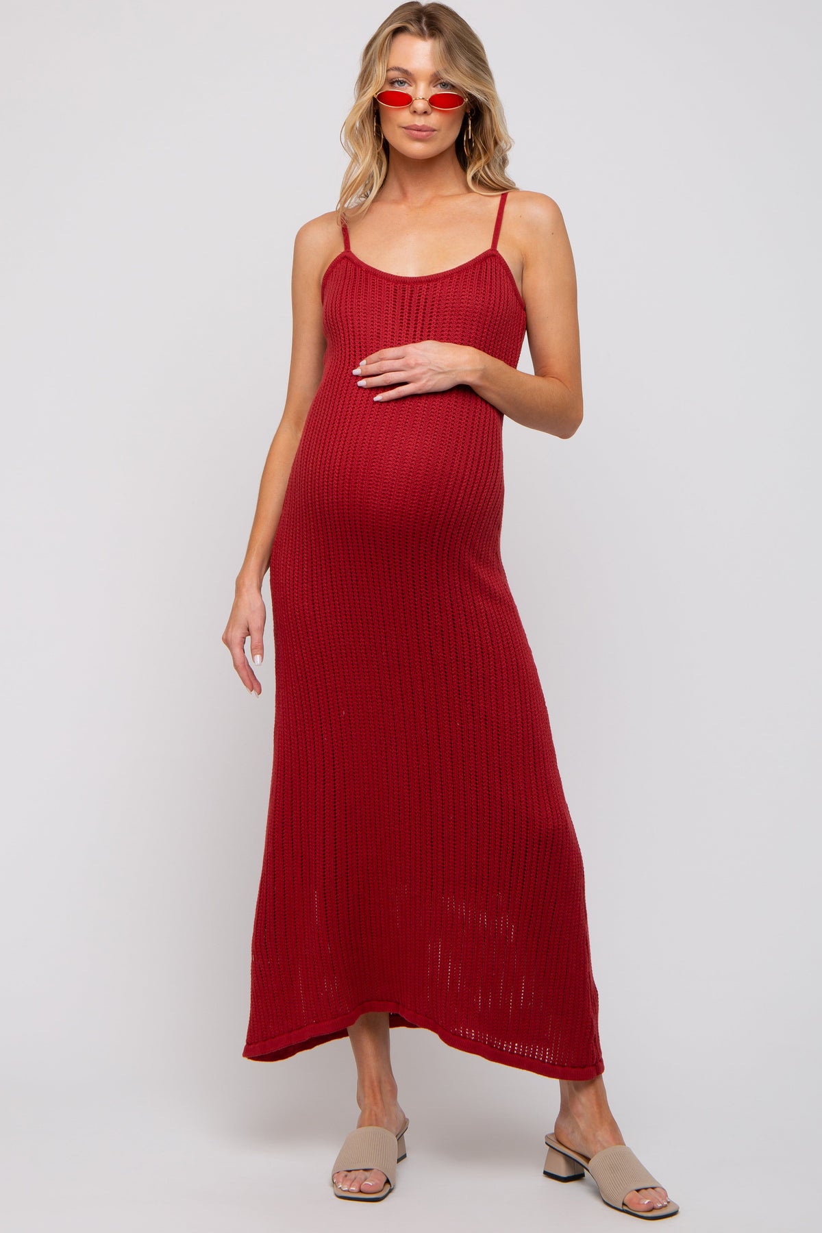 Rust Open Knit Crochet Maternity Midi Dress