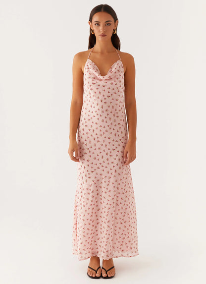 Alianna Cowl Neck Mesh Maxi Dress Pink Flower