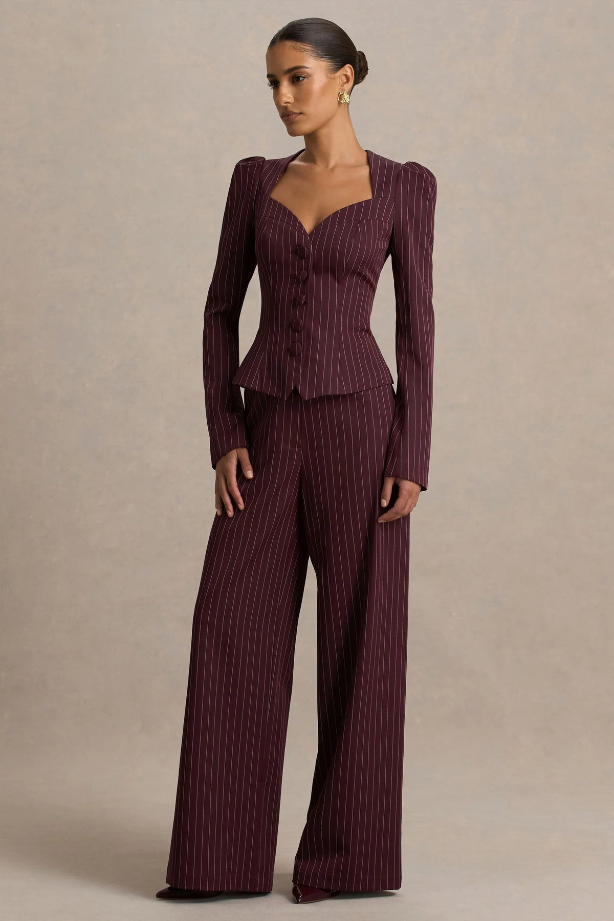 Asteria Burgundy Pinstripe Wide Leg Trousers