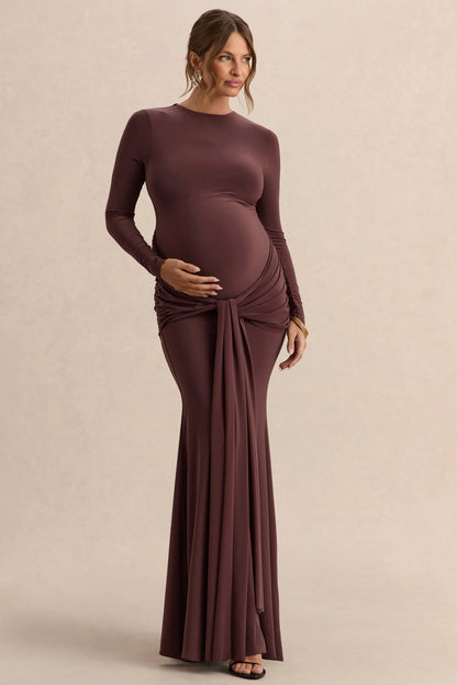Aveny Brown Crew Neck Maternity Maxi Dress With Ruched Detailing And Sash
