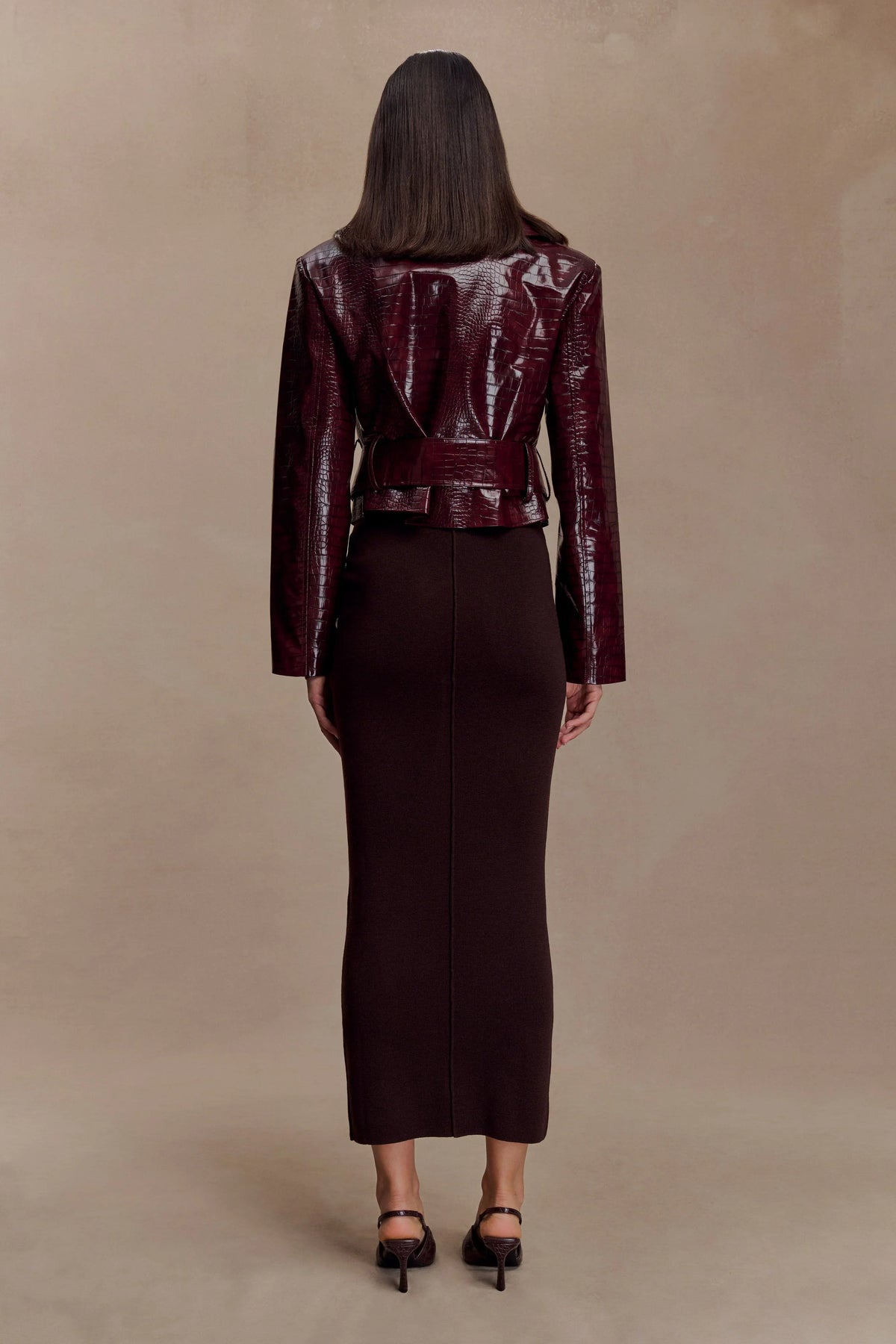 Archie Croc Faux Leather Cropped Jacket Burgundy