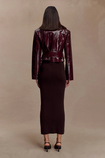 Archie Croc Faux Leather Cropped Jacket Burgundy