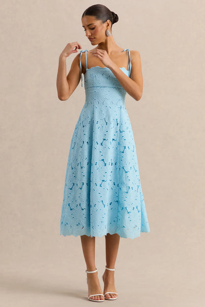 Anna Embroidered Powder Blue Square Neck Midi Dress