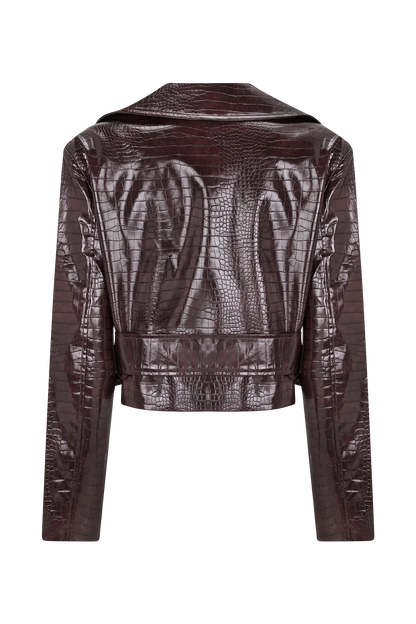 Archie Croc Faux Leather Cropped Jacket Burgundy