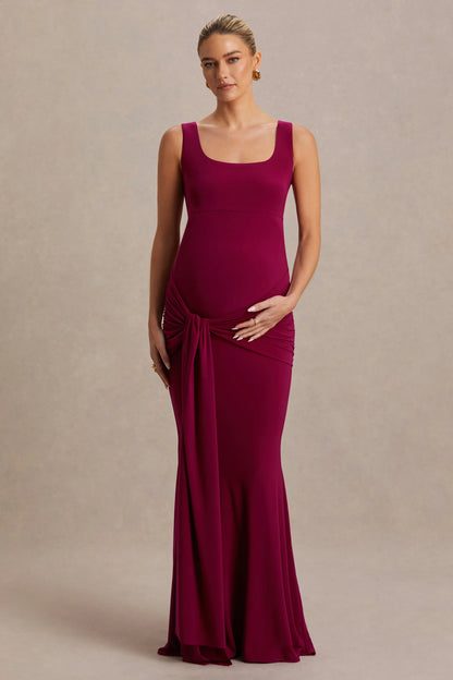 Baylin Burgundy Square Neck Maternity Maxi Dress With Ruched Detailing And Sash