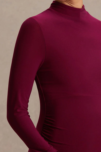 Alejandra Burgundy Maternity Long Sleeve High Neck Maxi Dress