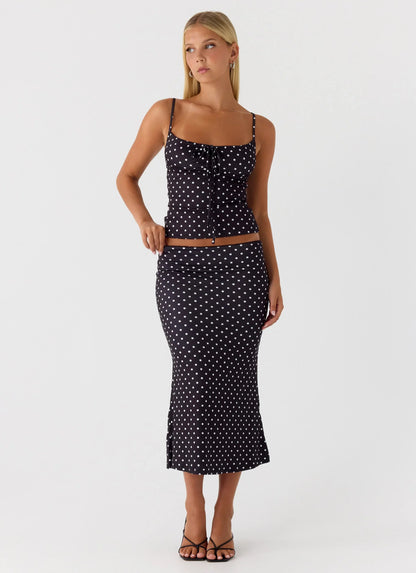 Bahama Low Rise Midi Skirt Black Polkadot