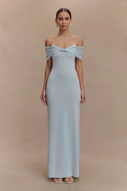 Bernadina Mesh And Slinky Halter Maxi Dress Pale Blue