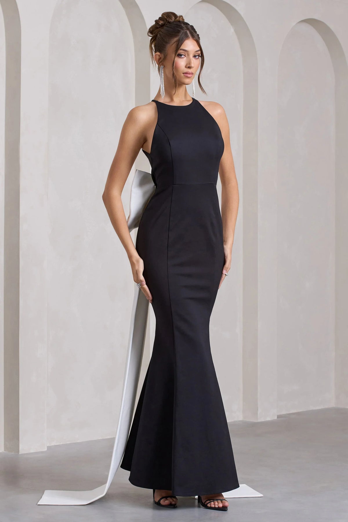 Bestow Black Open Back Maxi Dress With Oversized White Bow