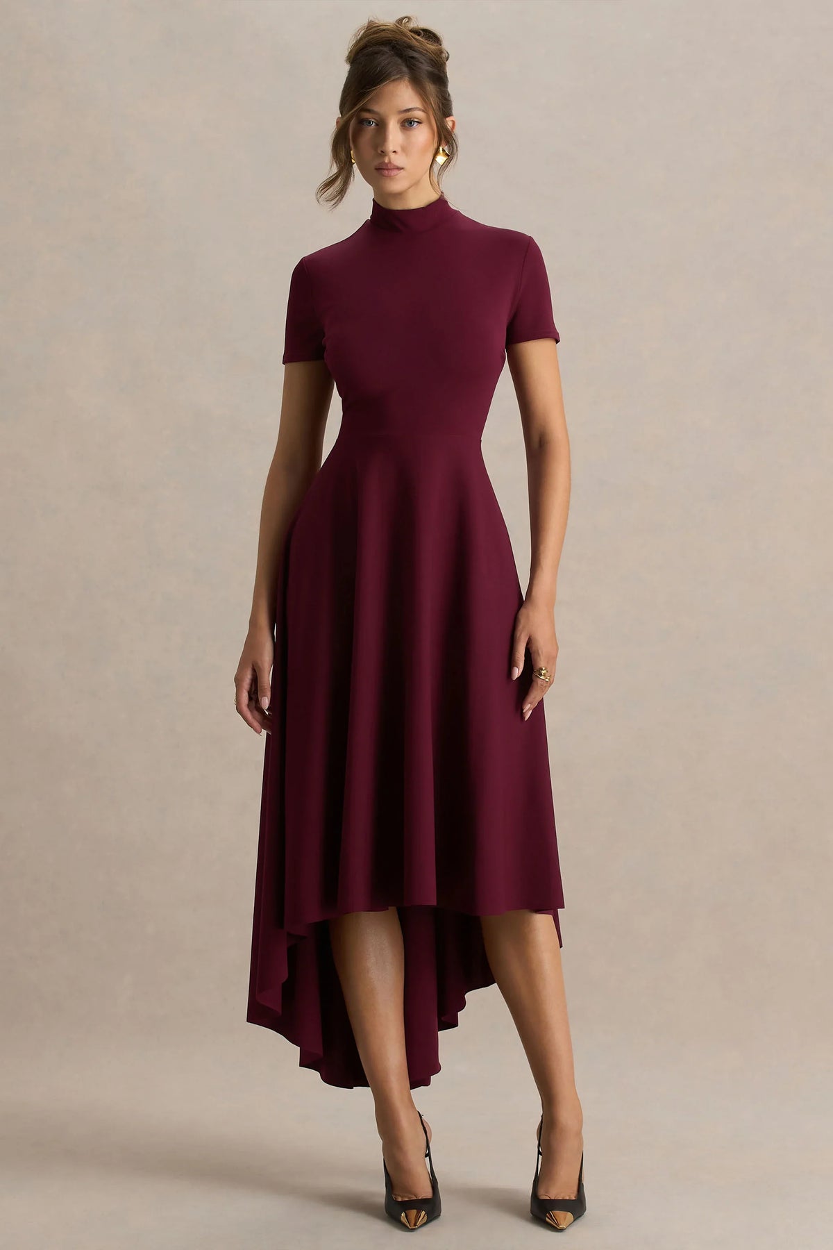 Bellona Burgundy High Neck High Low Midi Dress