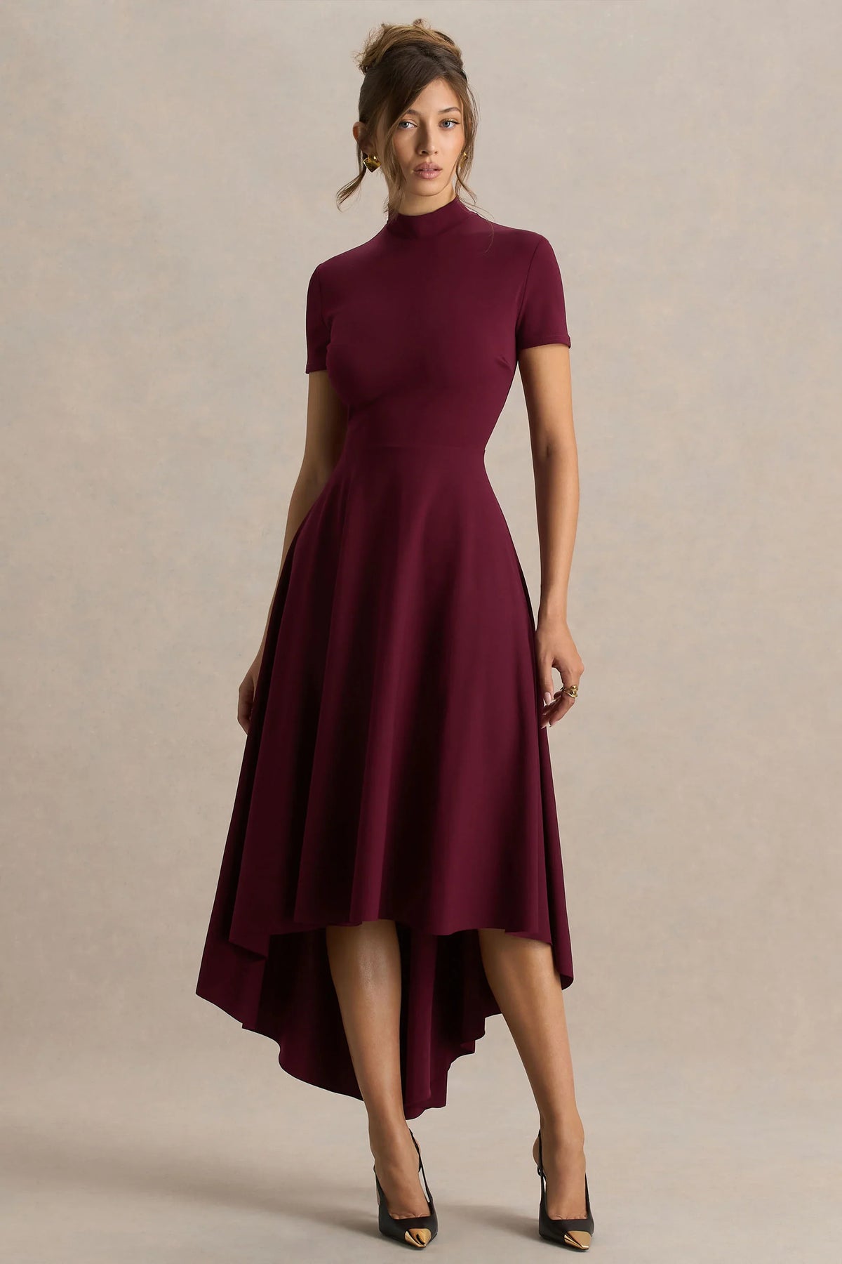 Bellona Burgundy High Neck High Low Midi Dress